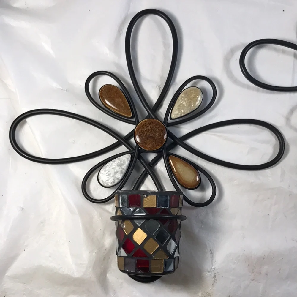 Decorative Metal and Mosaic Candle Holders and Stones Vintage Wall Sconces